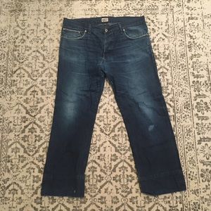 Naked and Famous raw denim jeans with mending